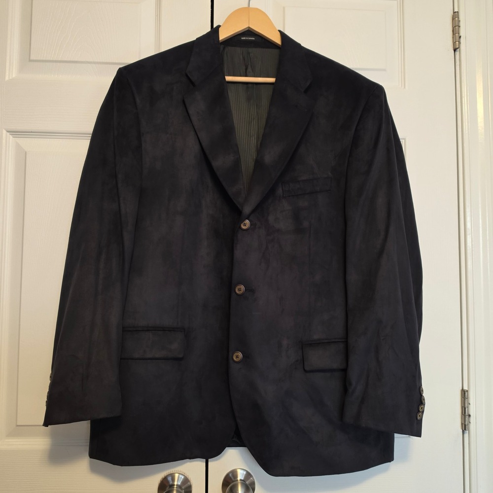 Faux Suede Blazer Navy Blue Three Button Sport Coat Size XL